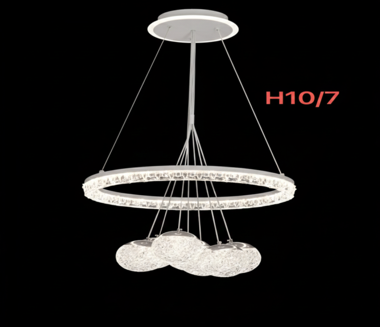 لوستر مدرن وارداتی H10/7 ناب لوستر با حلقه‌ی کریستالی درخشان و گوی‌های شیشه‌ای آبشاری LED برای پذیرایی و ناهارخوری در تهران