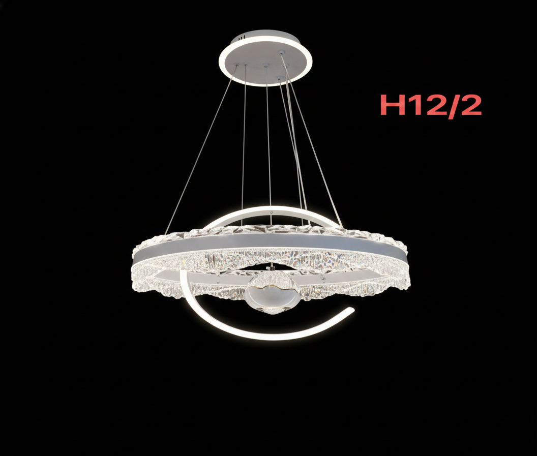 لوستر مدرن وارداتی H12/2 ناب لوستر با حلقه کریستالی درخشان، 3 حالت نوری (آفتابی، نچرال، مهتابی) و طراحی پیچ در پیچ برای پذیرایی و ناهارخوری در تهران"
