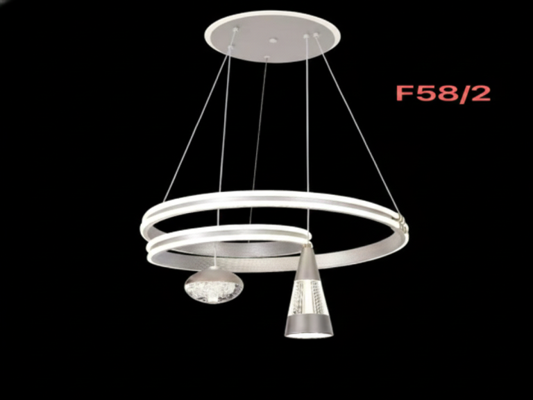 لوستر مدرن وارداتی F58/2 ناب لوستر با حلقه‌های نقره‌ای، گوی کریستالی و آویز مخروطی LED برای ناهارخوری و پذیرایی در تهران