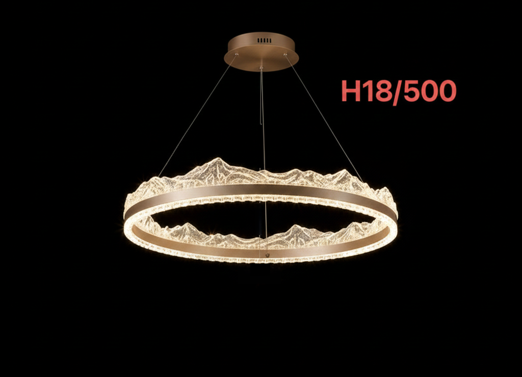 لوستر مدرن وارداتی H18/500 ناب لوستر با طراحی حلقوی کوهستانی/موجی کریستالی، گوی مرکزی و 3 حالت نوری (نچرال، آفتابی، مهتابی) برای پذیرایی و ناهارخوری لوکس در تهران"