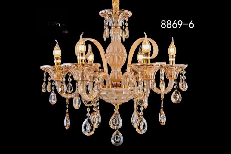 لوستر کلاسیک وارداتی 8869-6 ناب لوستر با طراحی باکارات شیشه‌ای، 6 شعله، شاخه‌های خمیده و آویزهای کریستالی درخشان برای پذیرایی و ناهارخوری لوکس در تهران"