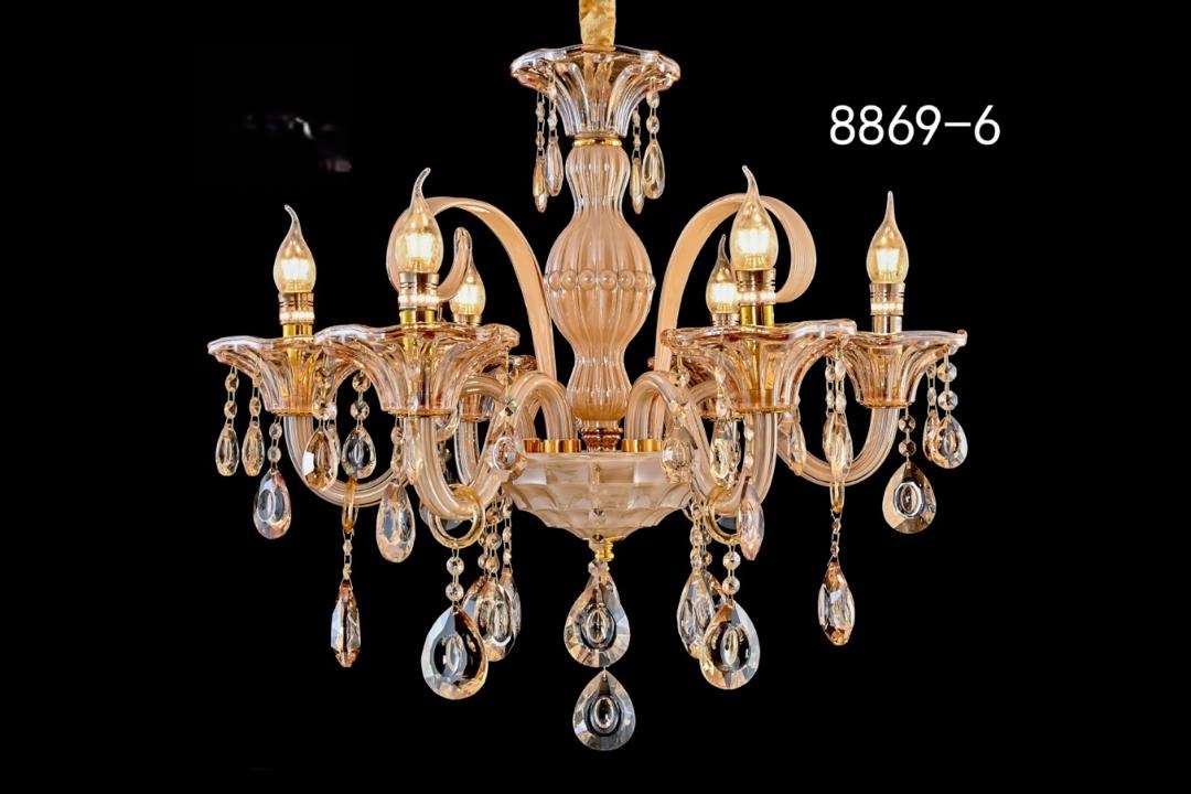 لوستر کلاسیک وارداتی باکارات شیشه‌ای 6 شعله با آویزهای کریستالی 8869-6 ناب لوستر