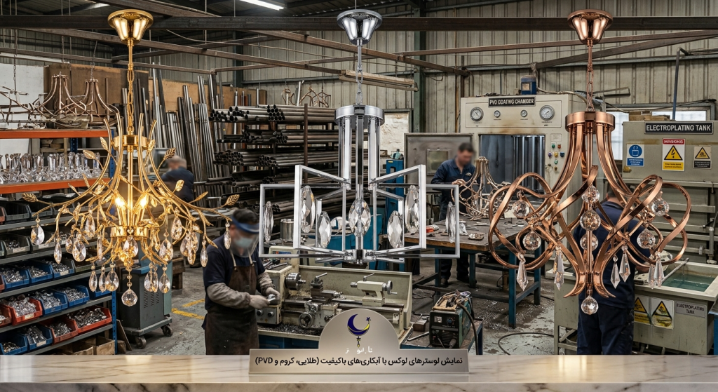 لوسترهای مدرن با آبکاری طلایی، کروم و PVD به همراه لوگوی ناب لوستر در پس‌زمینه کارگاه ساخت و آبکاری فلزات