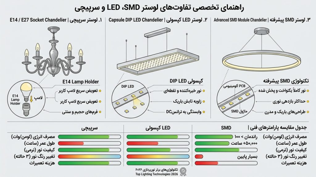 اینفوگرافیک مقایسه تکنولوژی لوستر SMD، ال‌ای‌دی کپسولی و لوستر سرپیچی از نظر طول عمر و مصرف برق