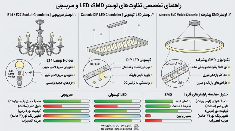 اینفوگرافیک مقایسه تکنولوژی لوستر SMD، ال‌ای‌دی کپسولی و لوستر سرپیچی از نظر طول عمر و مصرف برق